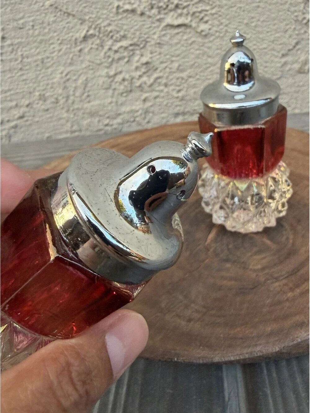 Vintage Indiana Glass Ruby Red Flash Diamond Point Crown Salt Pepper Shakers